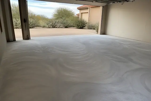 Concrete garage floor prepped for epoxy with grinding marks in a home in Catalina Foothills, AZ.