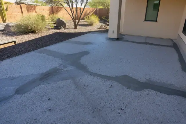 Concrete patio undergoing surface leveling for epoxy flooring in a Tucson, AZ backyard with xeriscape landscaping.