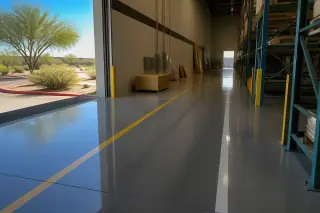 High-gloss industrial epoxy floor with marked lanes and desert vegetation visible outside in Tucson, AZ.