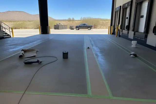 Industrial floor systems being prepped on a concrete loading dock at a warehouse in Tucson, AZ.