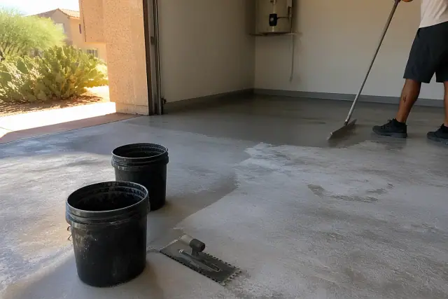 Contractor using a notched trowel and mixing buckets on a concrete floor in a Tucson, AZ garage.