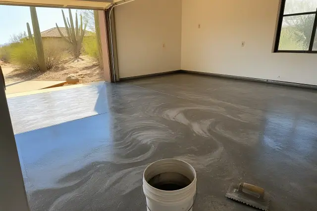 Metallic epoxy floor with a swirling marble design in a Tucson, AZ residential garage with saguaro cacti in the background.