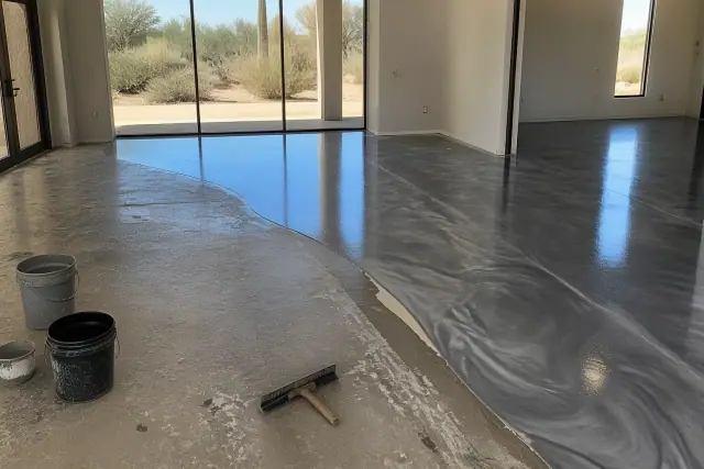 Metallic epoxy flooring installation on a concrete floor inside a commercial space in Tucson, AZ.