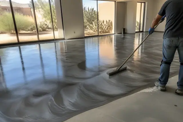 Contractor applying wet metallic epoxy floor coating to a prepared concrete surface in Tucson, AZ.