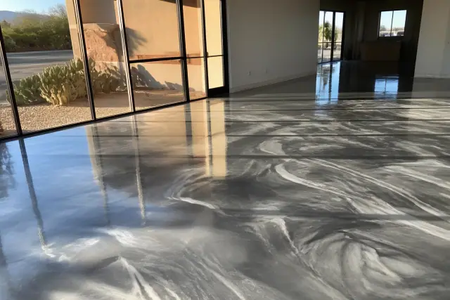 Wet metallic epoxy finish applied to a concrete floor in a Tucson, AZ retail showroom with desert sunlight.