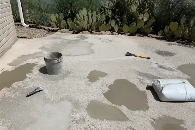 Contractor prepping a concrete patio slab for repairs and floor coating in a Tucson, AZ backyard.