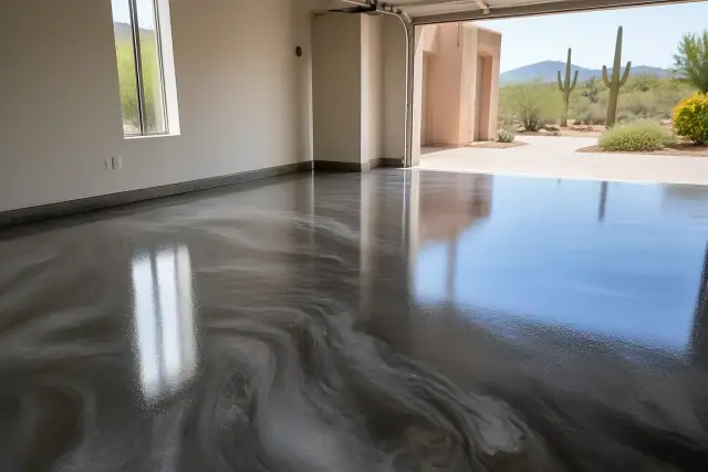 Metallic epoxy garage flooring with a high-gloss finish in a two-car garage in Catalina Foothills, AZ.