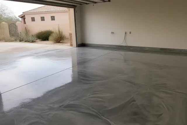 Glossy metallic epoxy garage floor with a desert view of cacti and stucco homes in Tucson, AZ.