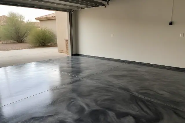 Metallic epoxy flooring with a glossy swirl finish in a two-car residential garage in Sahuarita, AZ.