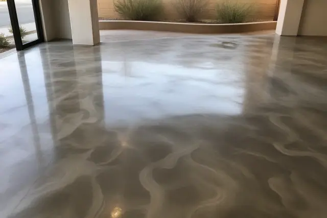 Metallic epoxy floor installation on a concrete surface in a retail showroom in South Tucson, AZ.