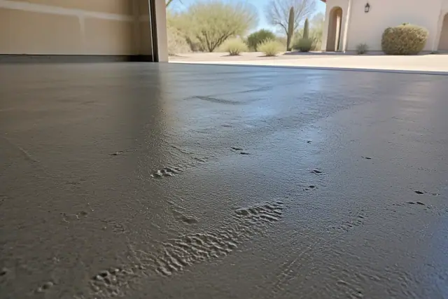 Moisture bubbles and outgassing pinholes in a concrete garage floor during a home project in Tucson, AZ.