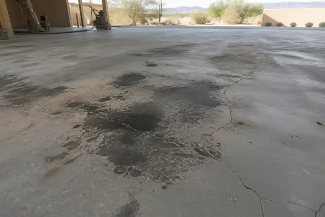 Close-up of oil stains and branching cracks on a concrete floor in a vehicle maintenance stall in Tucson, AZ.