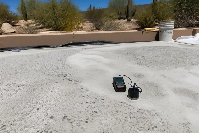 Moisture testing and surface profiling tool on a concrete slab in a Tucson, AZ backyard.
