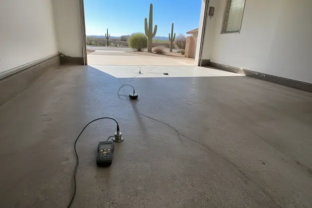 Moisture testing equipment on a concrete garage floor in Tucson, AZ with a saguaro cactus in the background.