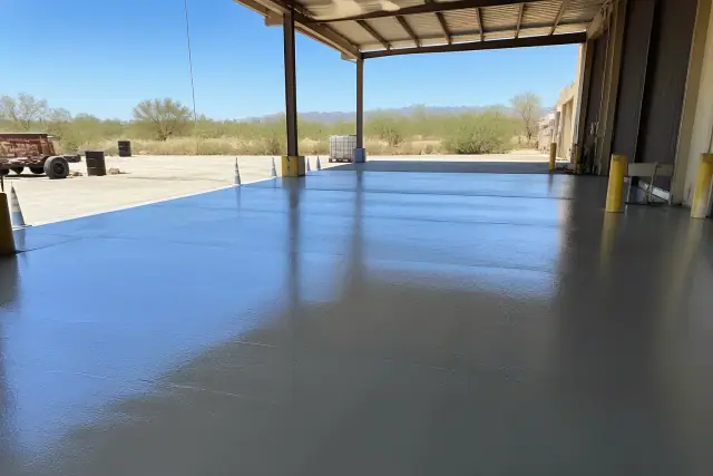 Novolac chemical-resistant epoxy flooring installation on a warehouse loading dock in Tucson, AZ.