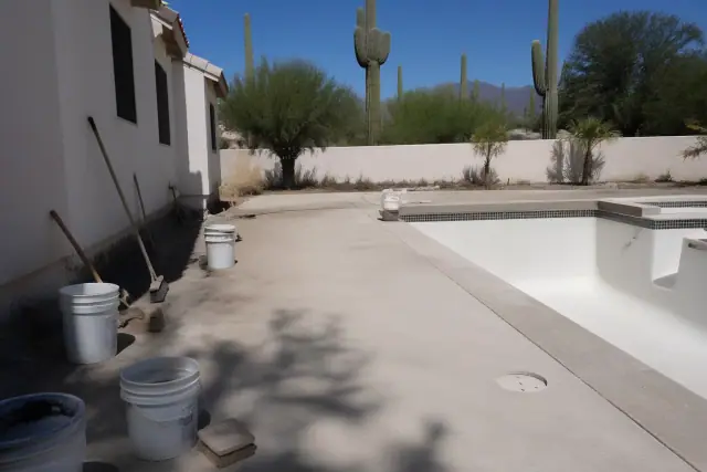 Drained swimming pool deck with concrete surfaces and supplies ready for sealant in Tucson, AZ.
