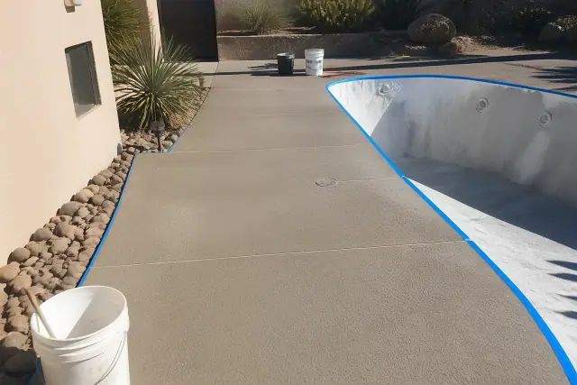Concrete pool deck walkway during a coating project in Tucson, AZ with tools and masking tape visible.