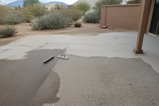 Concrete patio undergoing surface leveling and repair in a Tucson, AZ backyard with prickly pear cacti.