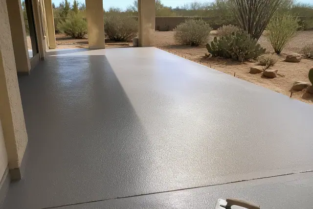 Freshly applied epoxy base coat on a backyard patio floor during a structural repair project in Marana, AZ.