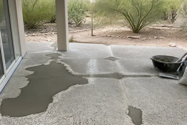 Concrete patio undergoing repair and surface leveling in a Tucson, AZ backyard with desert landscaping.