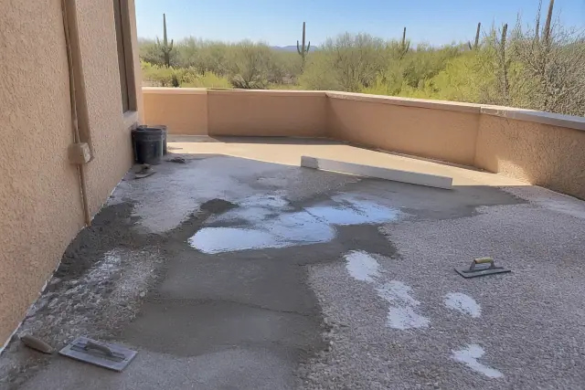 Concrete backyard patio undergoing structural repair and surface leveling in Casas Adobes, AZ.
