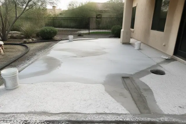 Concrete patio floor being leveled for epoxy coating at a residential backyard in Vail, AZ.