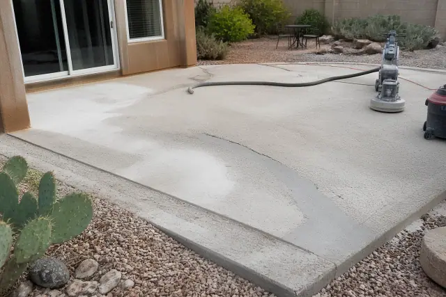 Concrete patio floor undergoing structural repair and surface grinding in a Tucson, AZ backyard with desert landscaping.