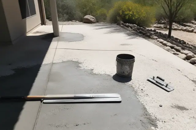Concrete patio surface leveling and repair tools on a residential jobsite in Green Valley, AZ.