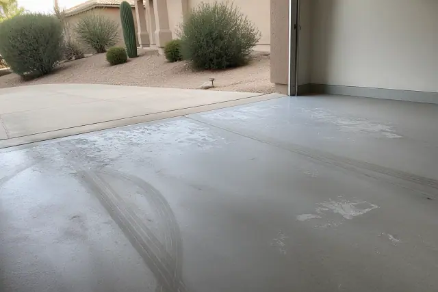 Peeling concrete and tire marks on a residential garage floor at a home in Tucson, AZ.