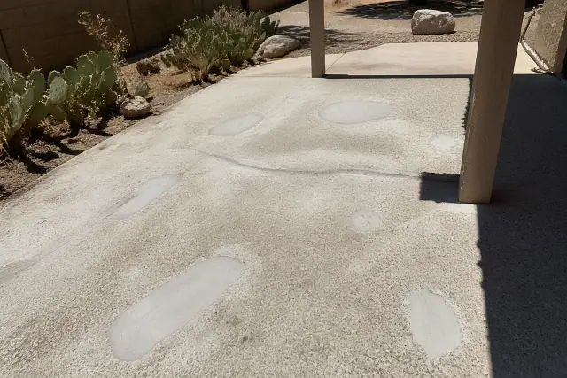 Concrete patio floor undergoing structural repair and surface leveling in a Tucson, AZ backyard with desert landscaping.
