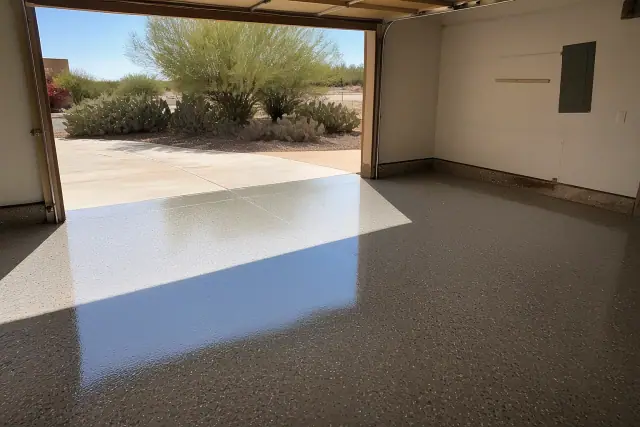Freshly applied polyaspartic garage floor coating with decorative flakes in a Tucson, AZ home.