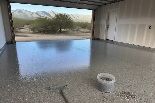 Freshly applied polyaspartic coating on a concrete garage floor in Tucson, AZ, with a paint roller and color flakes.