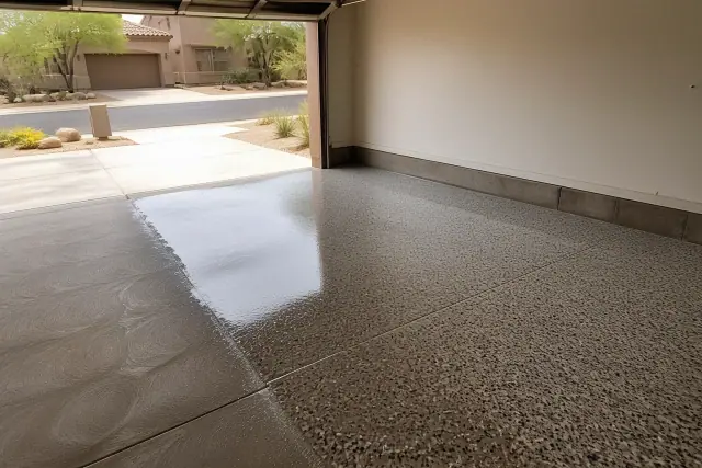 Polyaspartic floor coating with decorative flakes being applied to a residential garage concrete floor in Tucson, AZ.