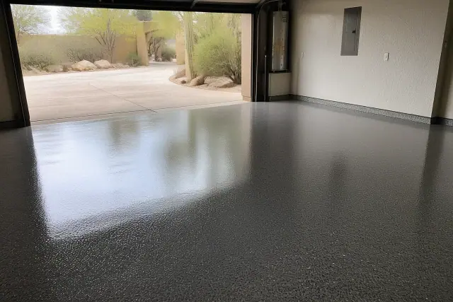 Fresh polyaspartic floor coating in a residential garage in Catalina Foothills, AZ.