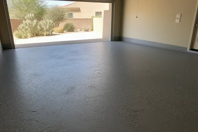 Concrete garage floor prepped for polyaspartic coating in a two-car residential garage in Tucson, AZ.