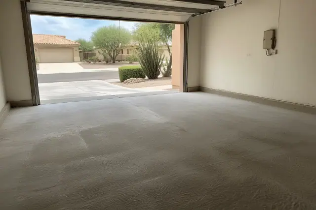 An empty residential garage in Sahuarita, AZ with prepped concrete floors ready for polyaspartic flake coating.