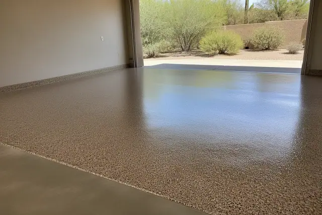 Freshly applied decorative flake polyaspartic floor coating in an empty residential garage in Tanque Verde, AZ.