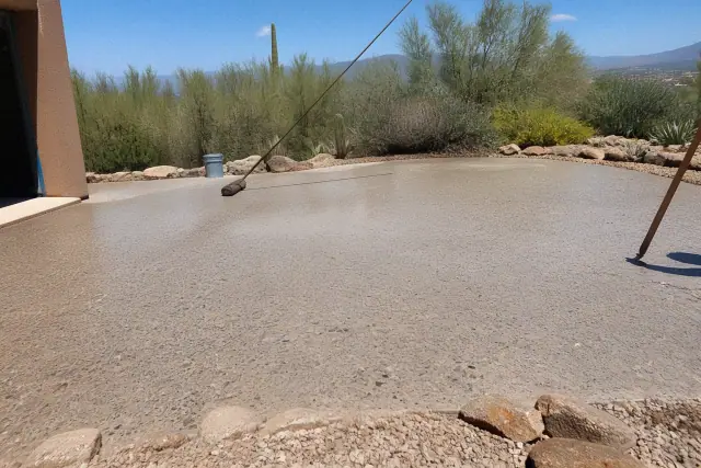 Polyaspartic topcoat applied to a concrete dining pad in a Tucson, AZ backyard with desert landscaping.