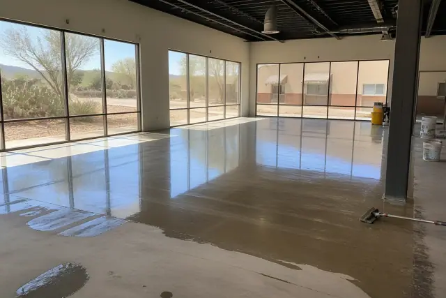 Polyaspartic topcoat curing on a commercial concrete floor in Tucson, AZ, with cacti visible through the windows.