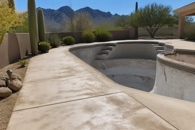 Epoxy pool deck coating application on a concrete walkway in Tanque Verde, AZ with desert landscaping and mountain views.