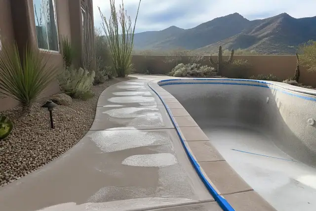Concrete pool deck awaiting sealant application with a desert mountain backdrop in Tucson, AZ.