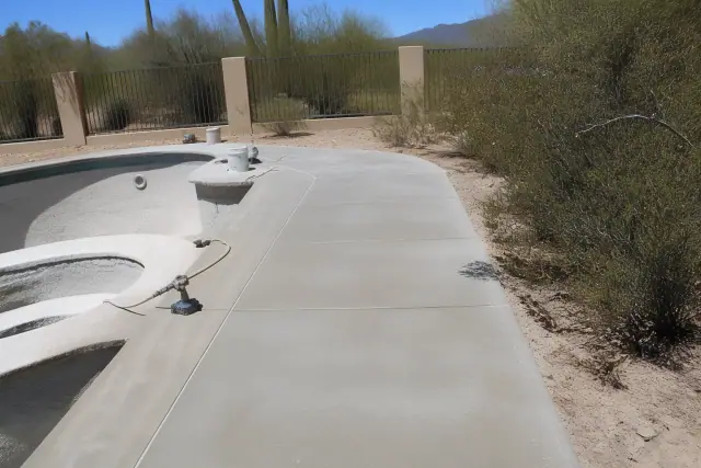 Drained swimming pool deck with concrete surfaces ready for sealant in Tucson, AZ, surrounded by desert landscaping.