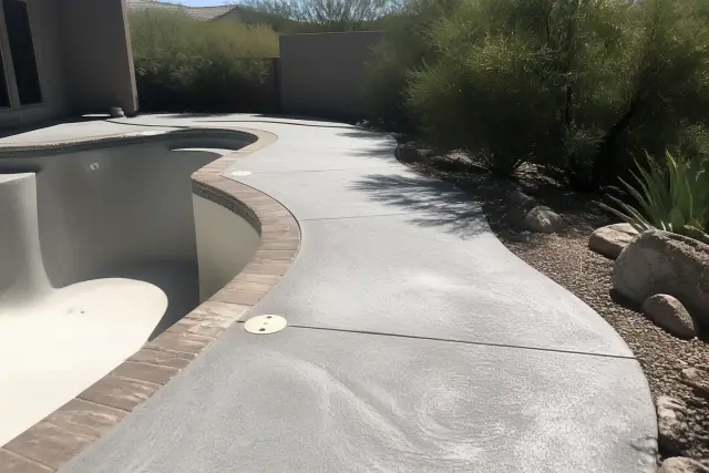 Drained swimming pool deck with textured concrete prepared for sealant in a desert landscape in Tucson, AZ.