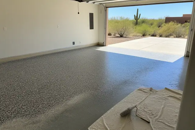 Concrete floor in a Tucson, AZ garage prepped with decorative flakes and a paint roller under bright sunlight.