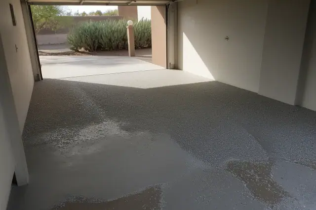 Polyaspartic floor coating with decorative flakes on a concrete garage floor in Tucson, AZ.