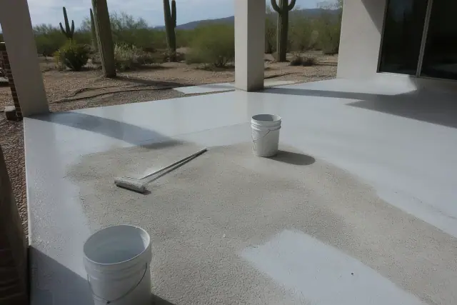 Contractor applying a decorative UV-rated coating to a concrete patio during a project in Tucson, AZ.