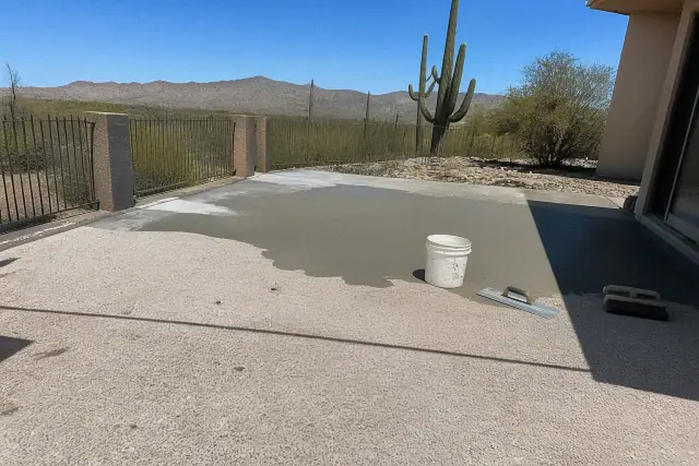 Concrete backyard patio undergoing surface leveling and repair in Tucson, AZ with saguaro cacti in the distance.