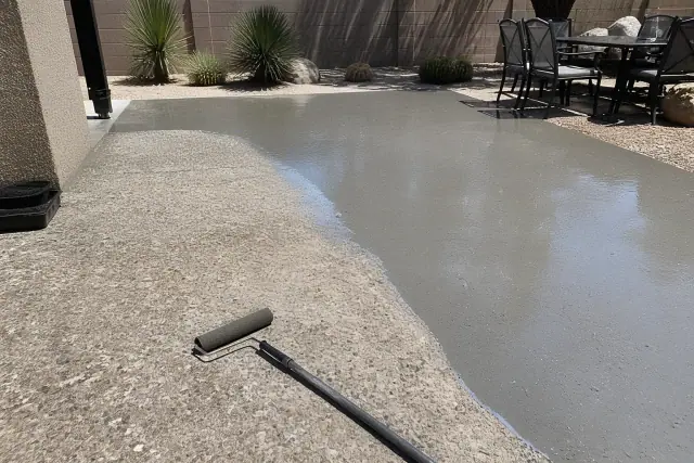 Wet UV-stable coating being applied to a concrete patio in Tucson, AZ, with visible tools and desert xeriscaping.