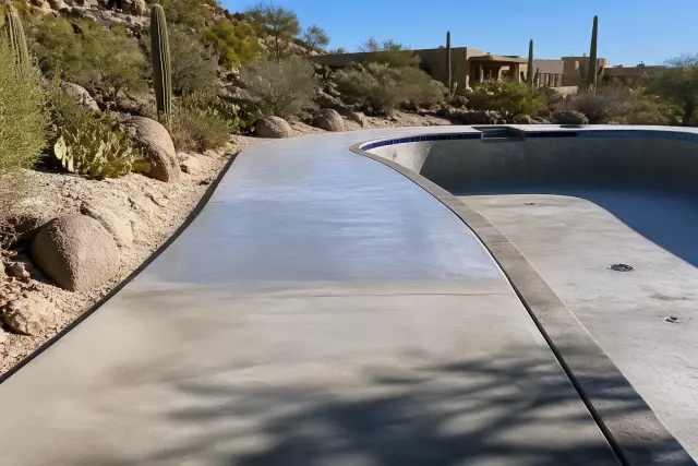 UV-stable topcoat applied to a concrete pool deck in a Tucson, AZ desert backyard.