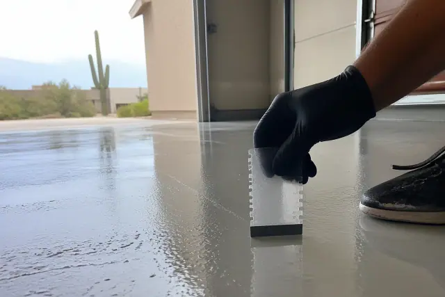 Wet mil gauge on a prepped concrete garage floor during a polyaspartic application in Tucson, AZ.